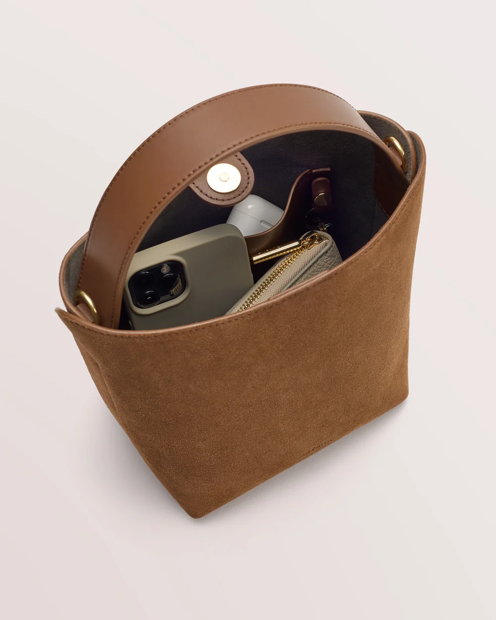 Mini Linea Bucket Bag, Cognac Suede