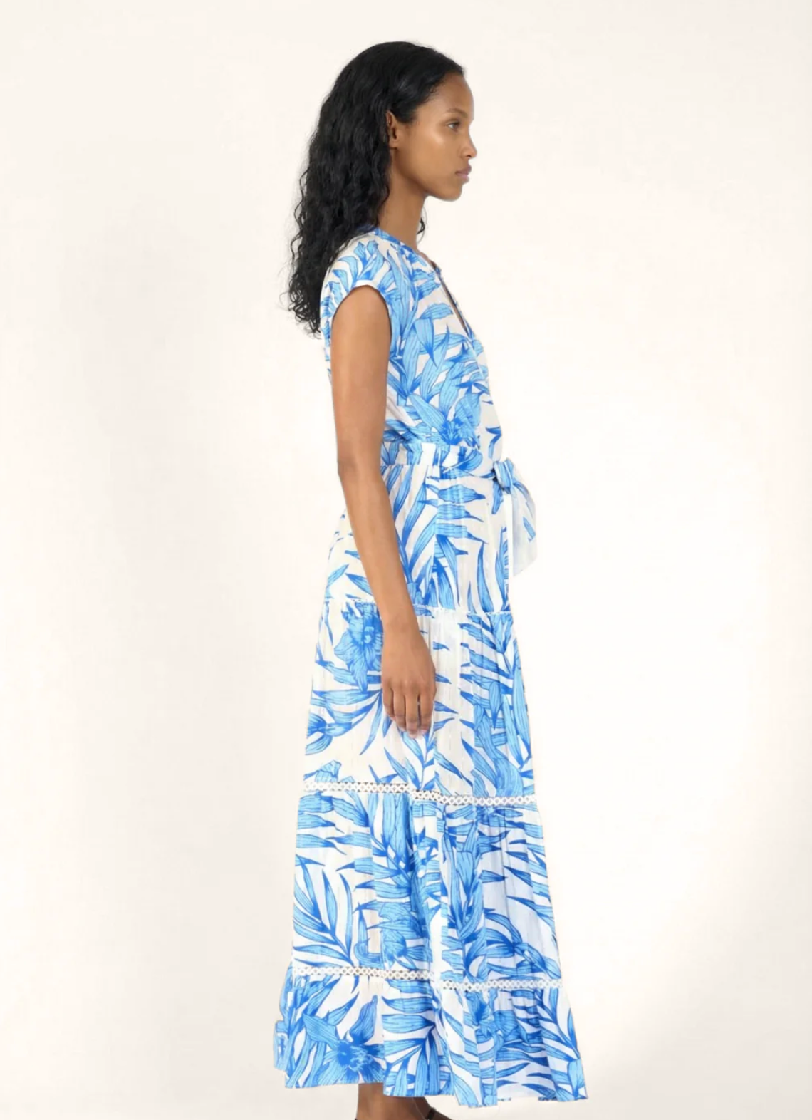 Long Dress Kora, Blue Palm Leaf