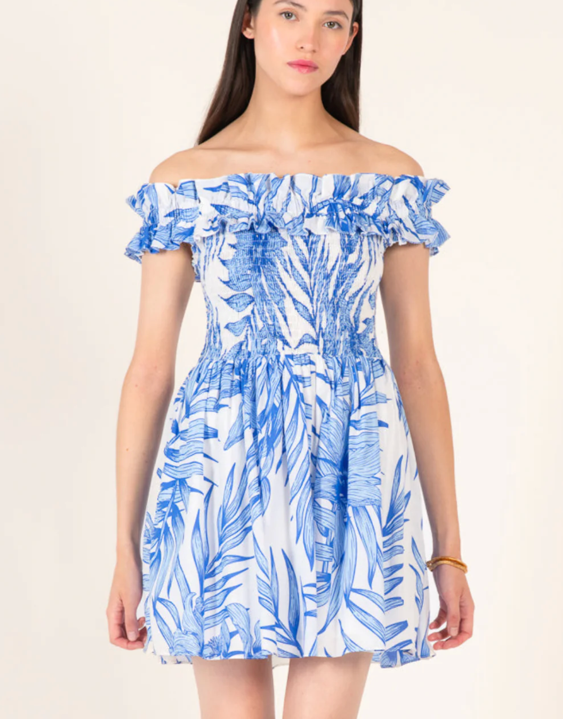 Mini Dress Amber, Blue Palm Leaf