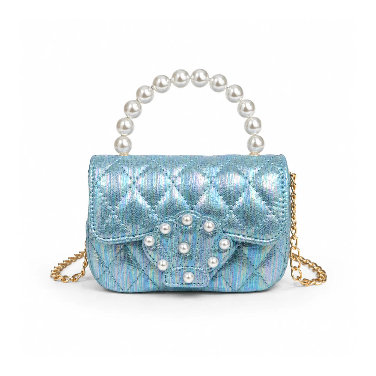 Pearl Handle Shell Quilted Handbag, Blue