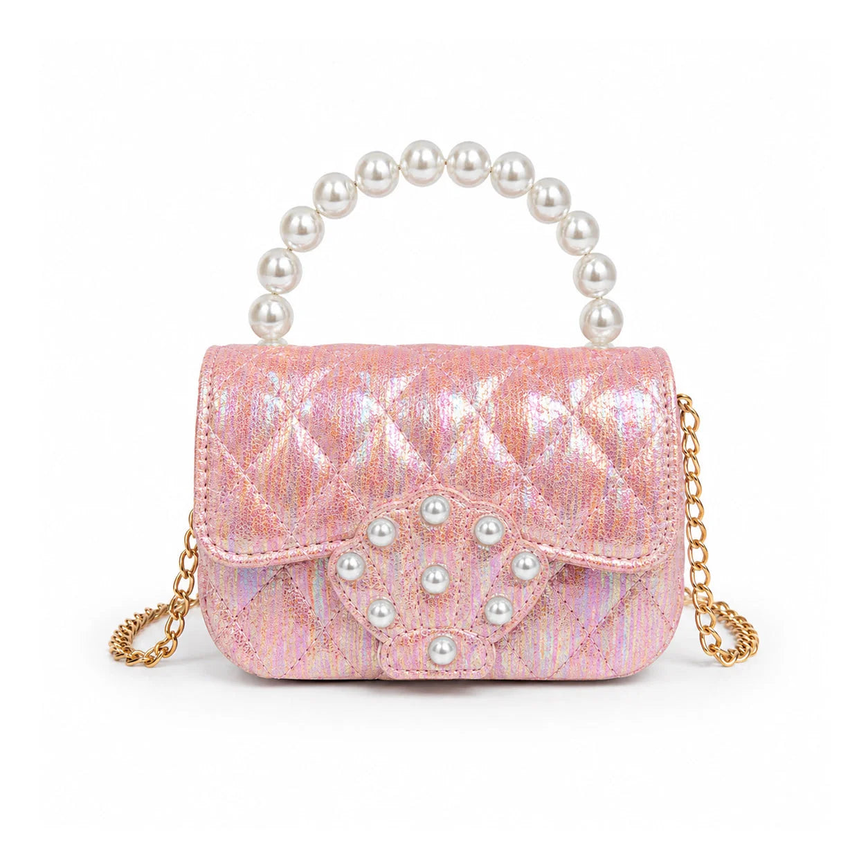 Pearl Handle Shell Quilted Handbag, Pink