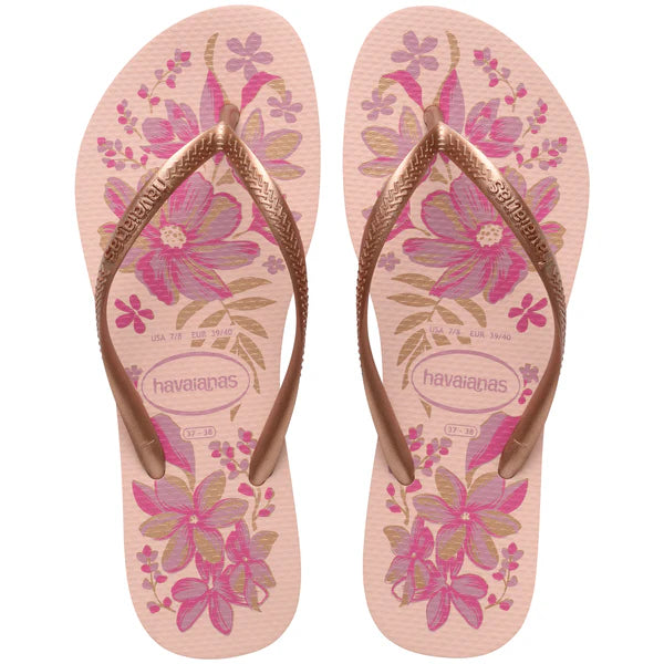 Women's Slim Organic Flip Flops, Pink Floral & Gold