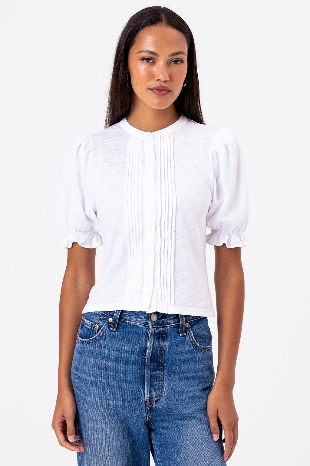Short Sleeve Pintuck Blouse, White