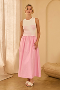 Knit to Woven Tank Dress, White & Pink
