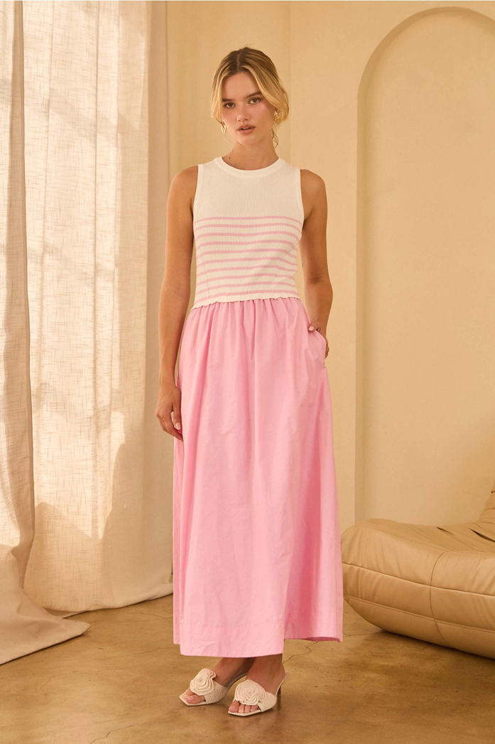 Knit to Woven Tank Dress, White & Pink