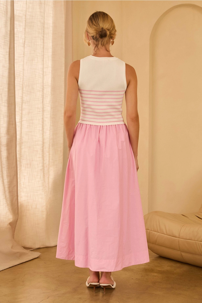 Knit to Woven Tank Dress, White & Pink