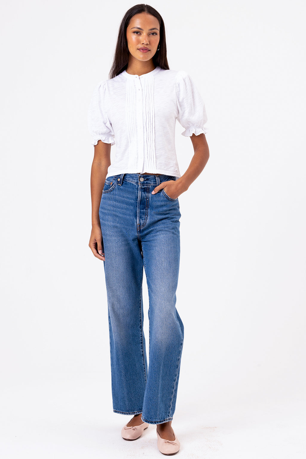 Short Sleeve Pintuck Blouse, White