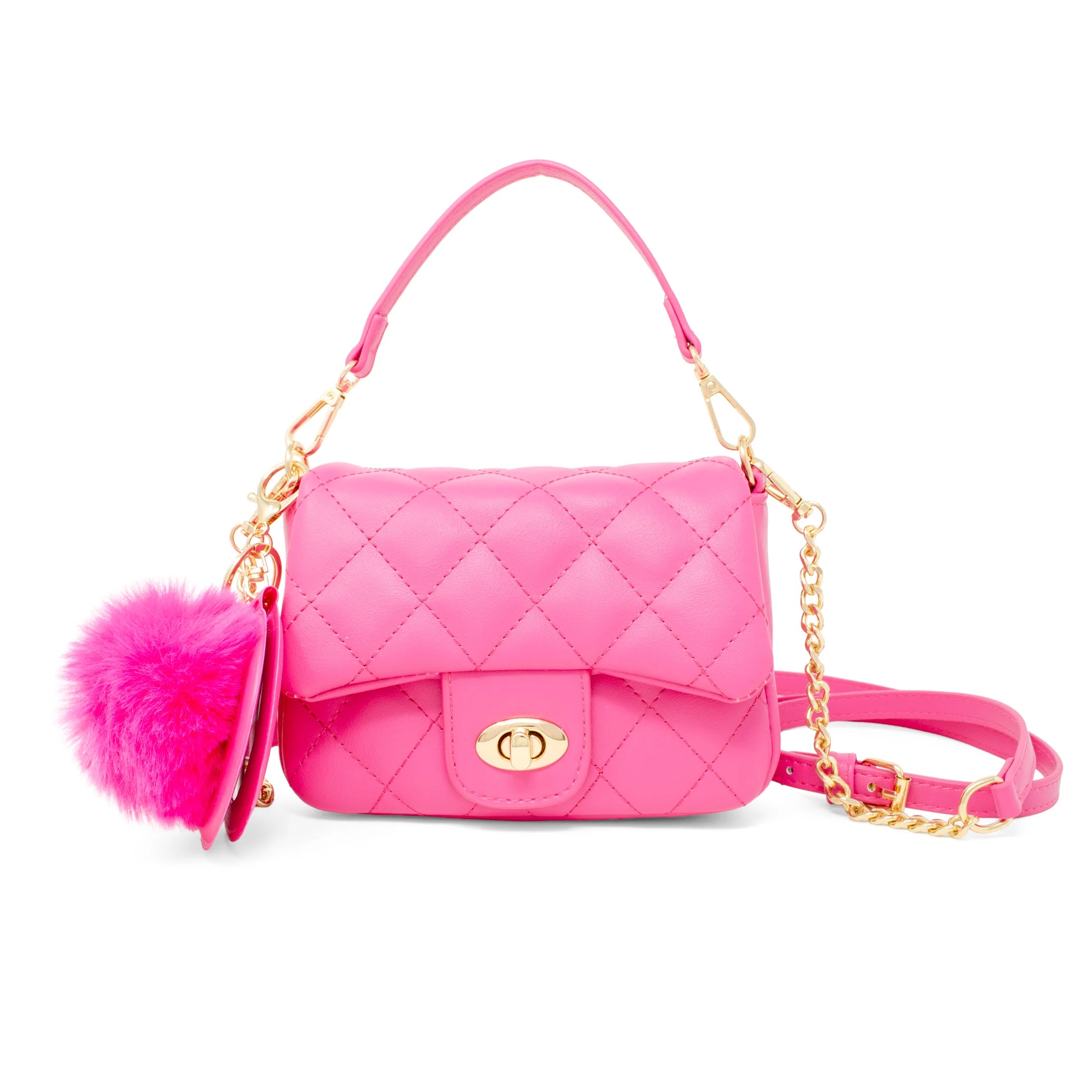 Quilted Puff Flap with Mirror Pom Pom, Hot Pink