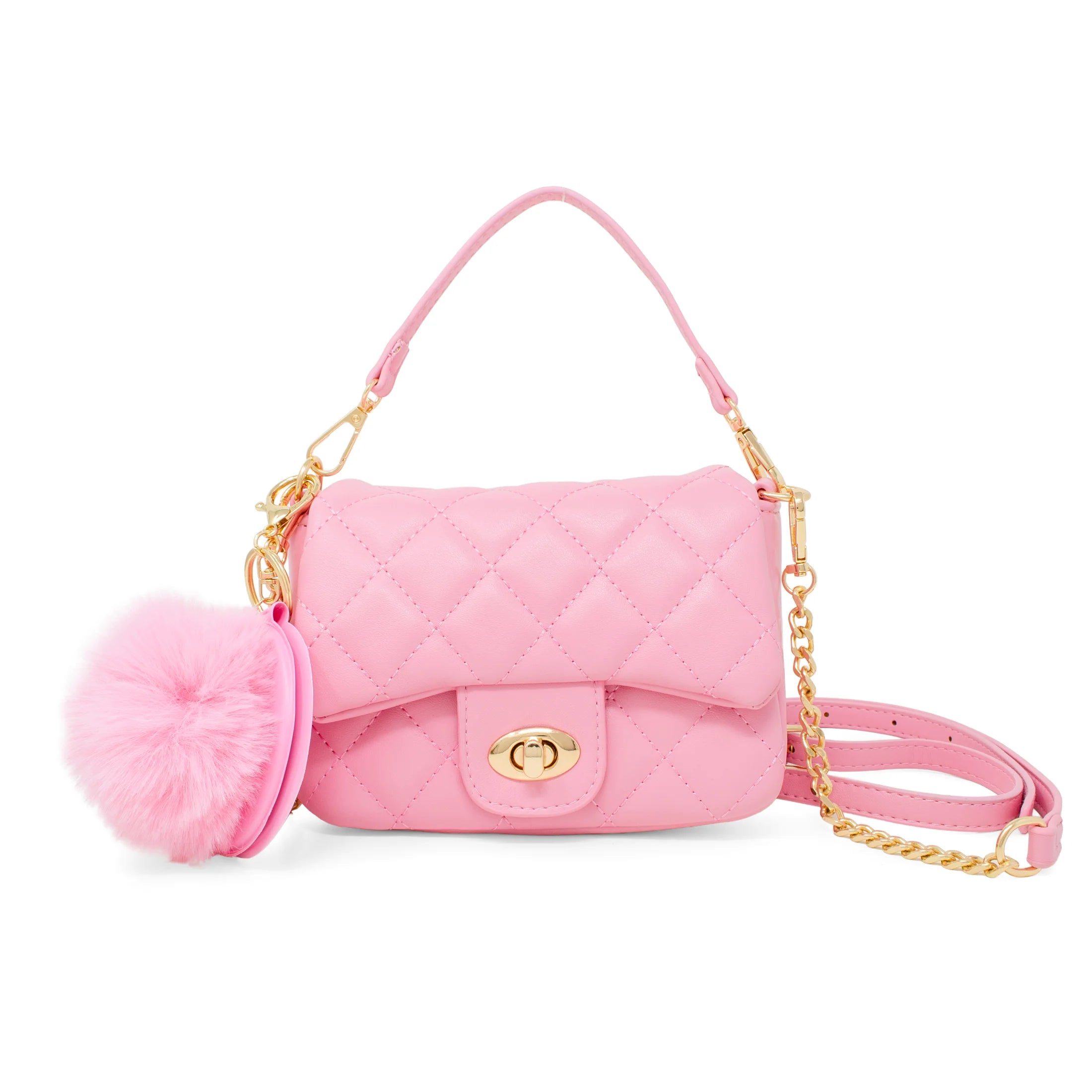 Quilted Puff Flap with Mirror Pom Pom, Pink