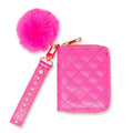 Quilted Stud Strap Wallet with Pom Pom, Hot Pink