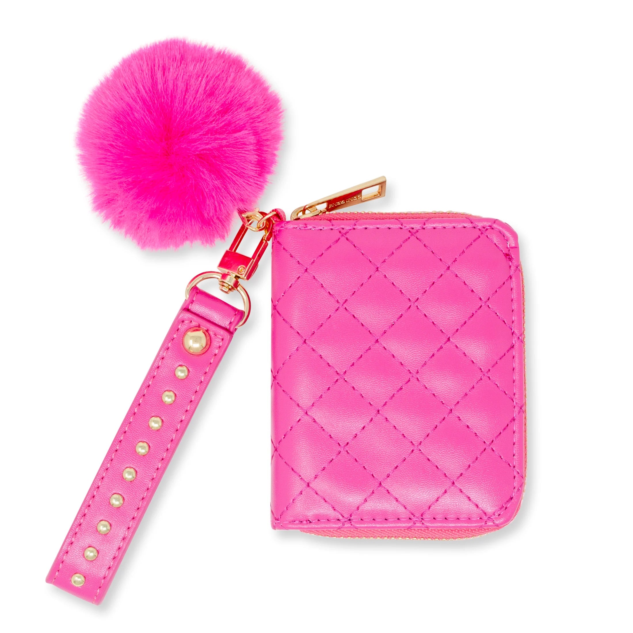 Quilted Stud Strap Wallet with Pom Pom, Hot Pink