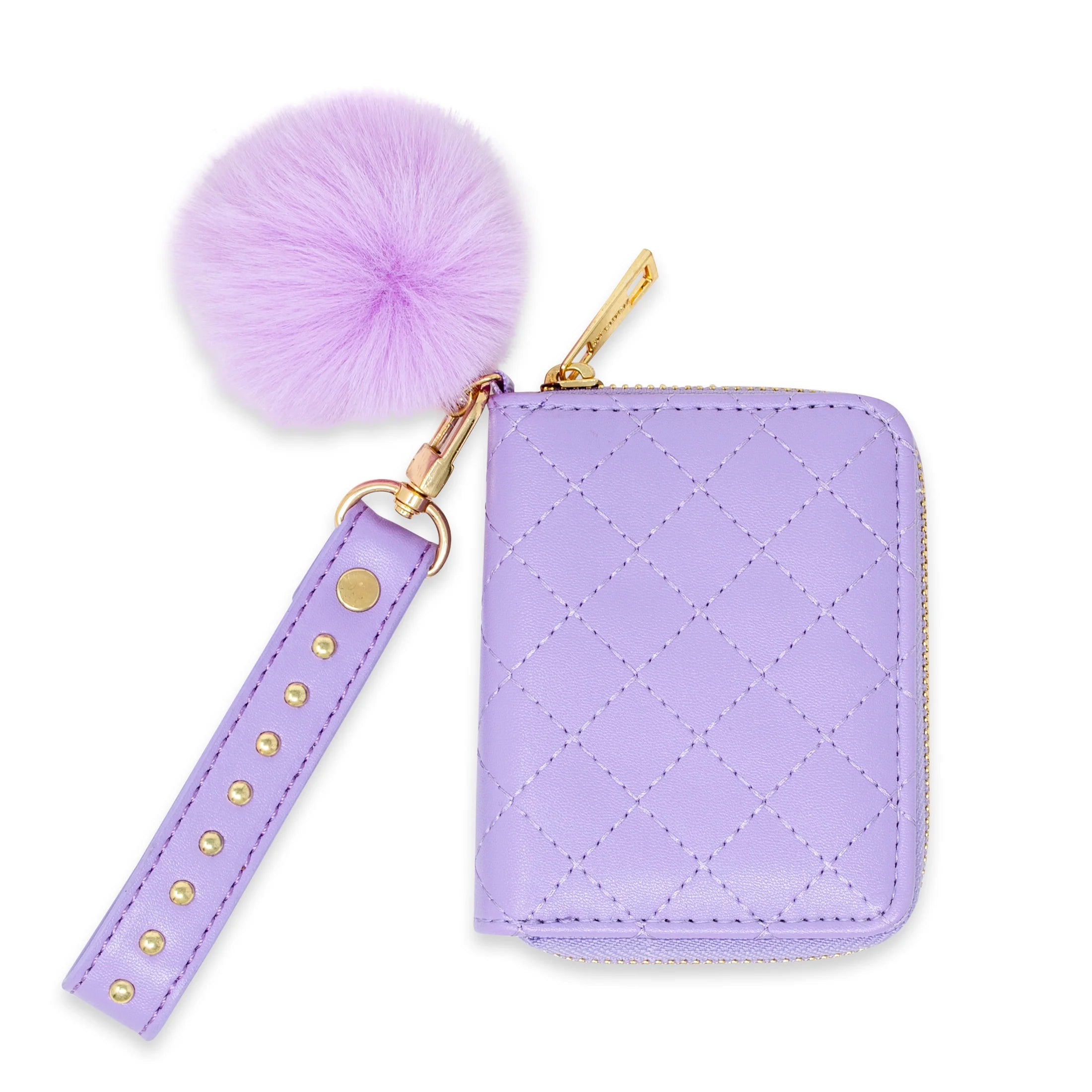 Quilted Stud Strap Wallet with Pom Pom, Purple