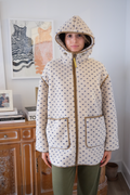 Hooded Sherpa Jacket, Ivory & Blue Birdseye