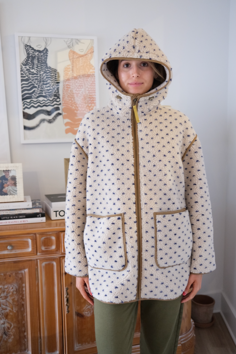 Hooded Sherpa Jacket, Ivory & Blue Birdseye