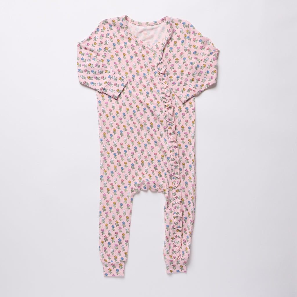 Baby Girls Ruffle Bamboo Romper, Pink Carnations