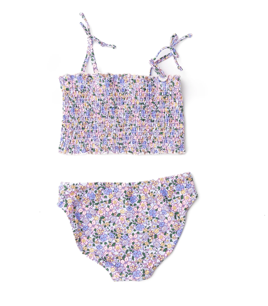 2 Piece Smocked Swimsuit, Blue Blossoms