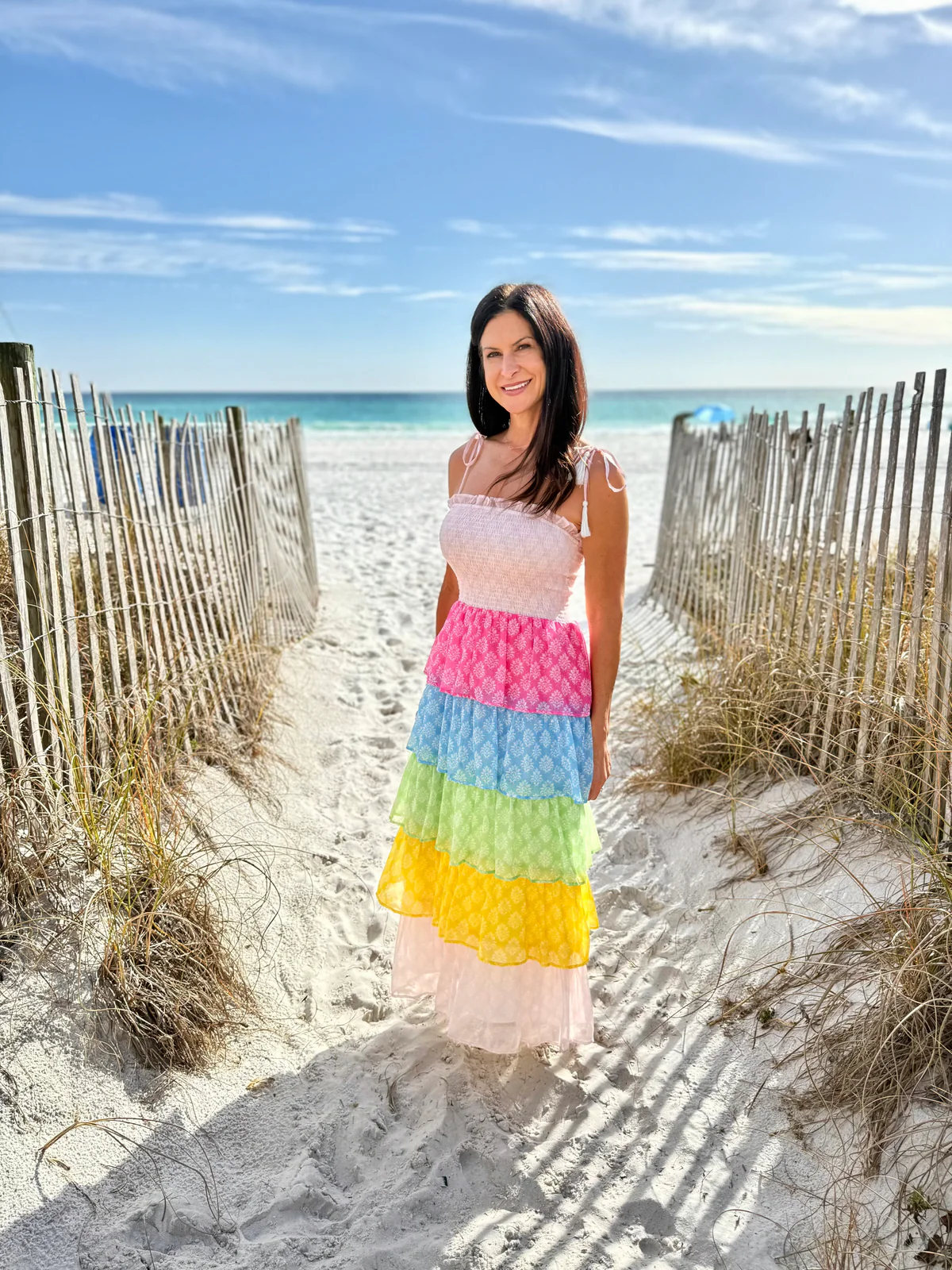 Smocked Bodice Tiered Dress Block Print