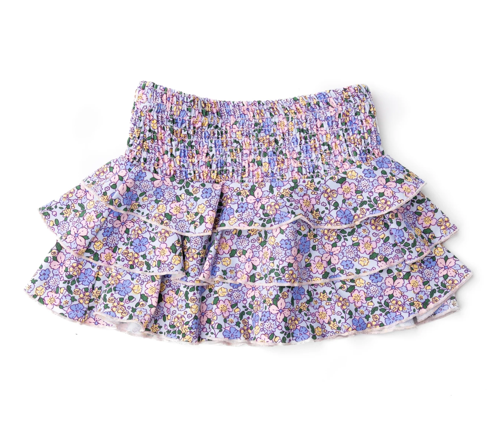 Girls Smocked Ruffle Skirt, Blue Blossoms