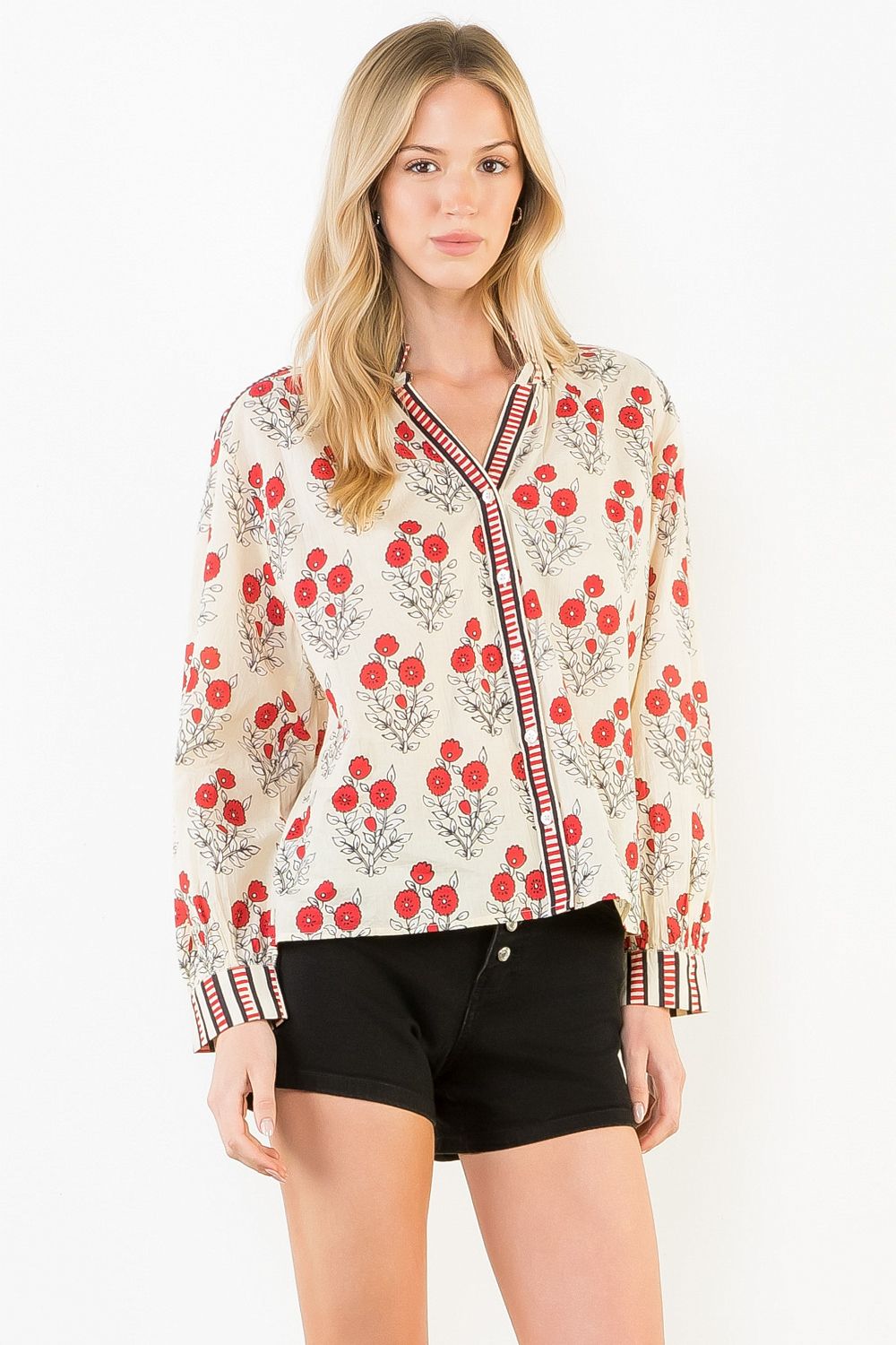 Long Sleeve Floral Button Up Top, Cream