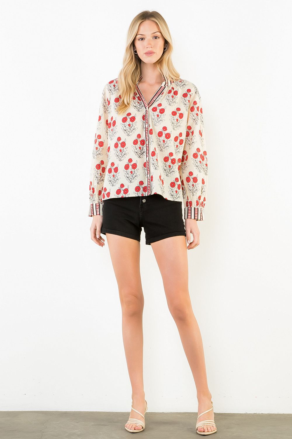 Long Sleeve Floral Button Up Top, Cream