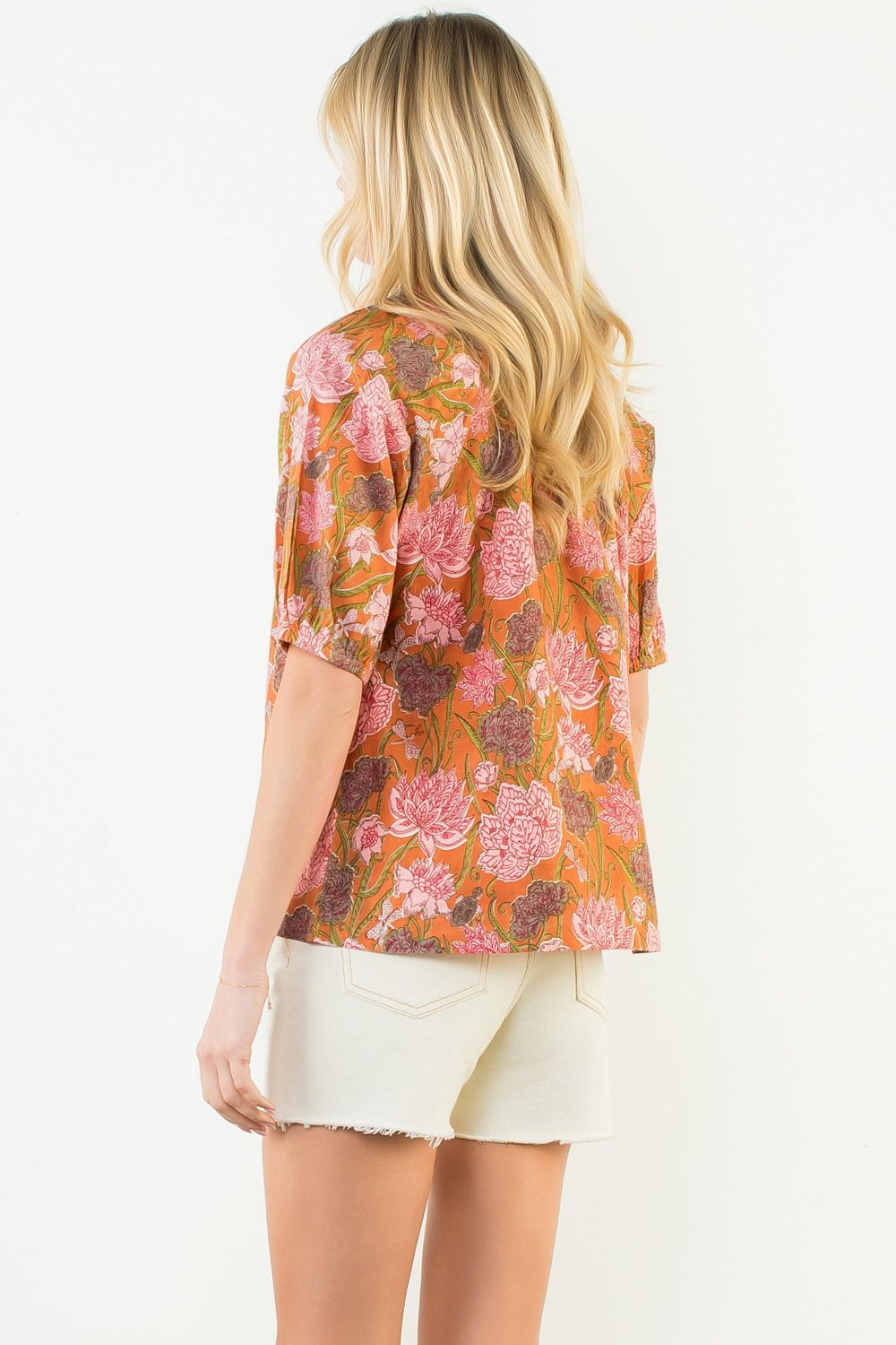 Short Sleeve Floral Pattern V-Neck Top