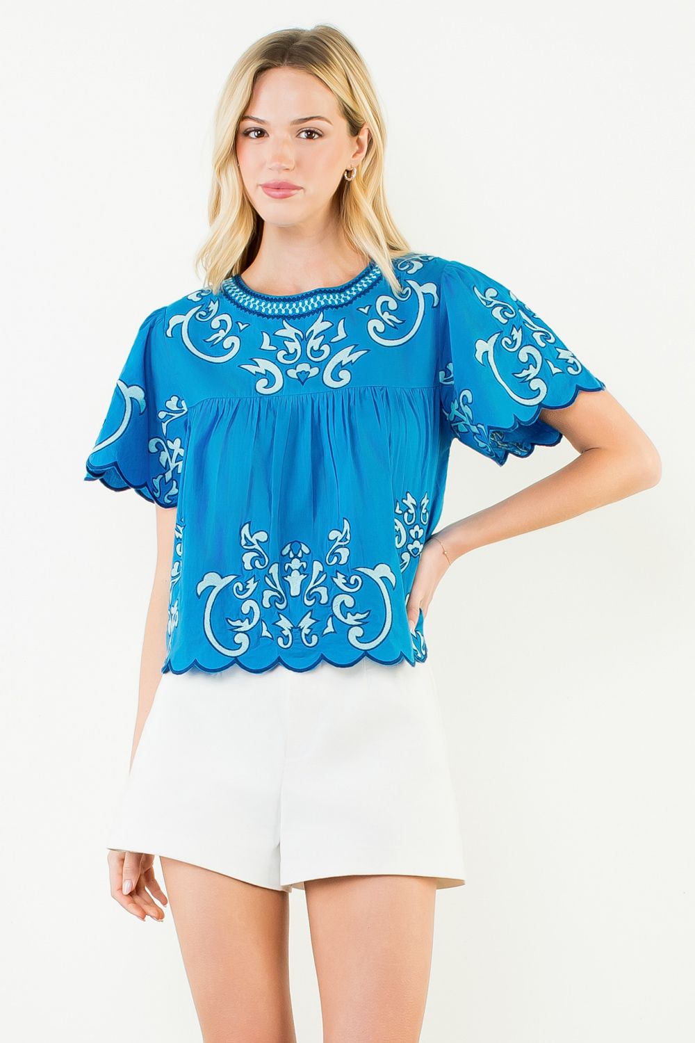Short Sleeve Embroidery Detail Top, Blue