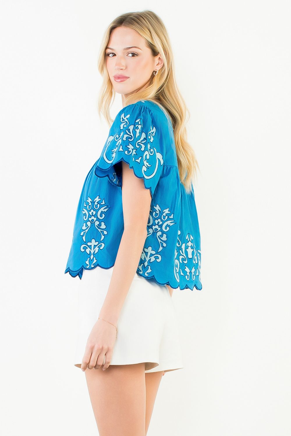 Short Sleeve Embroidery Detail Top, Blue