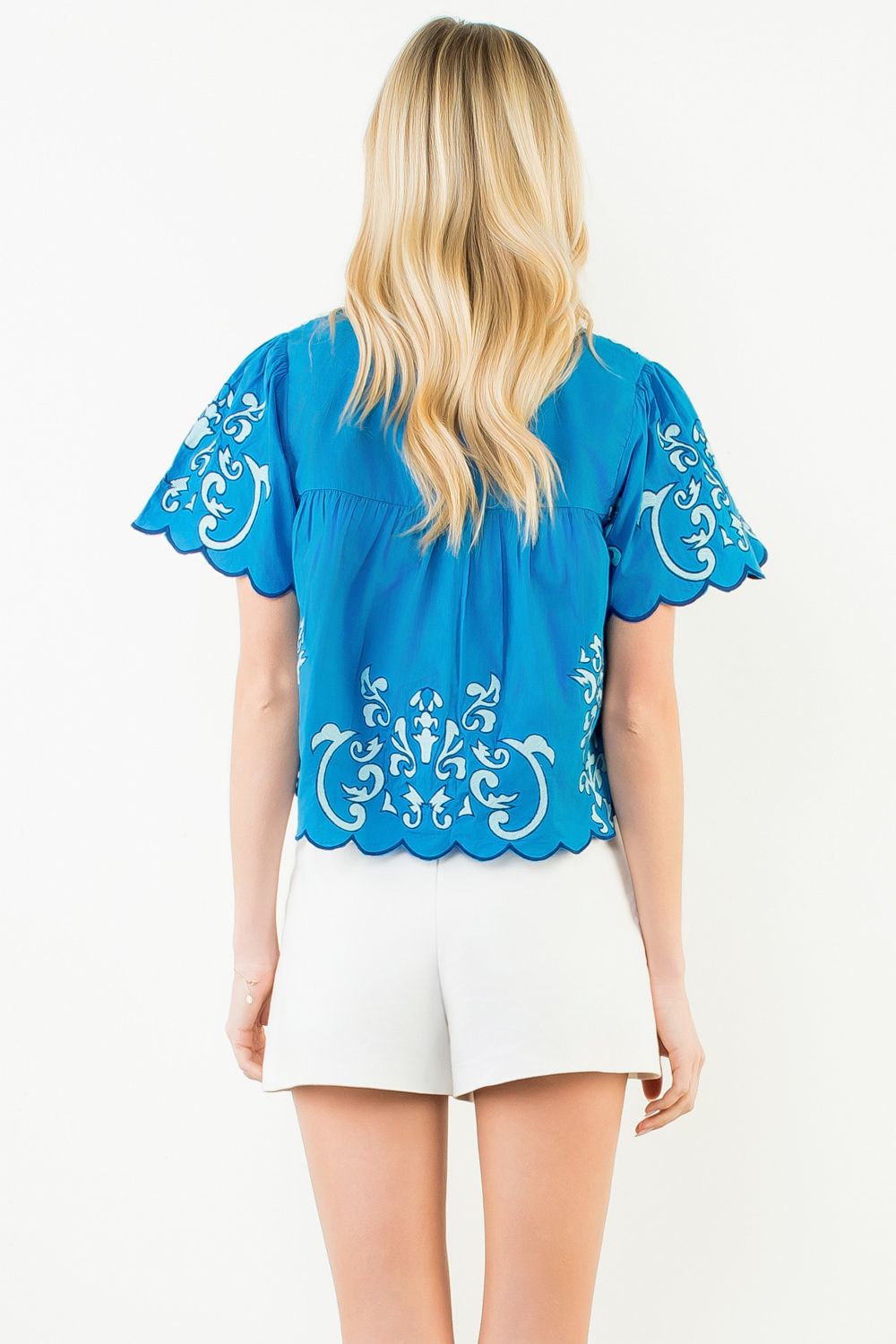 Short Sleeve Embroidery Detail Top, Blue