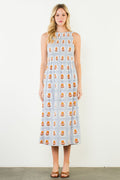 Sleeveless Smocked Pattern Midi Dress, Blue