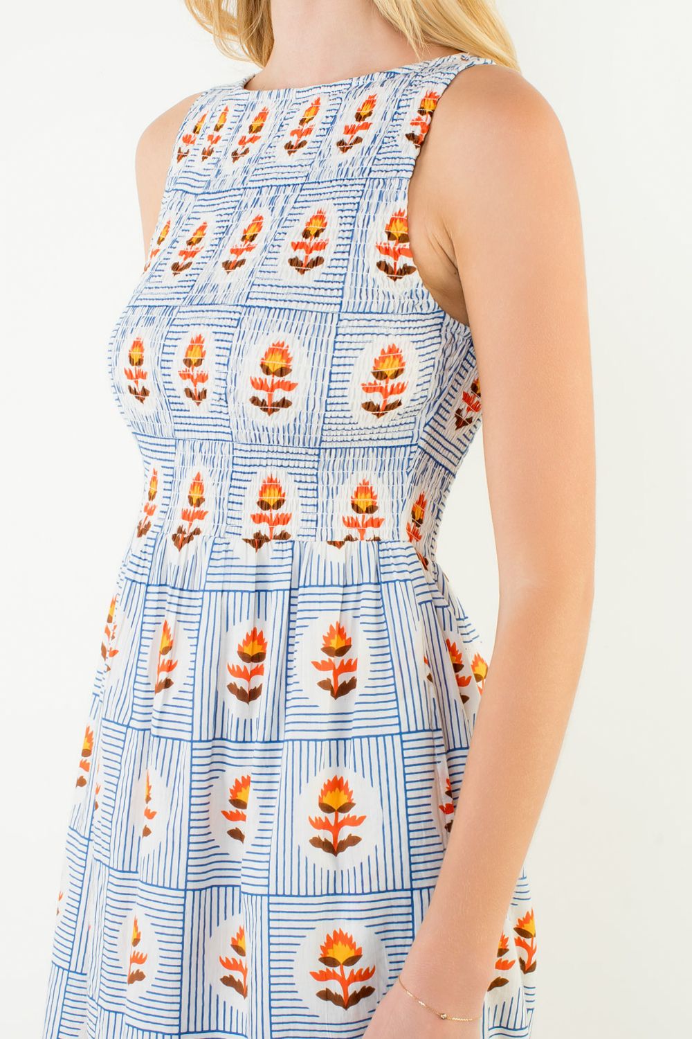 Sleeveless Smocked Pattern Midi Dress, Blue