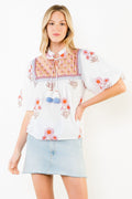 Puff Sleeve Floral Pattern Tassel Top, Cream