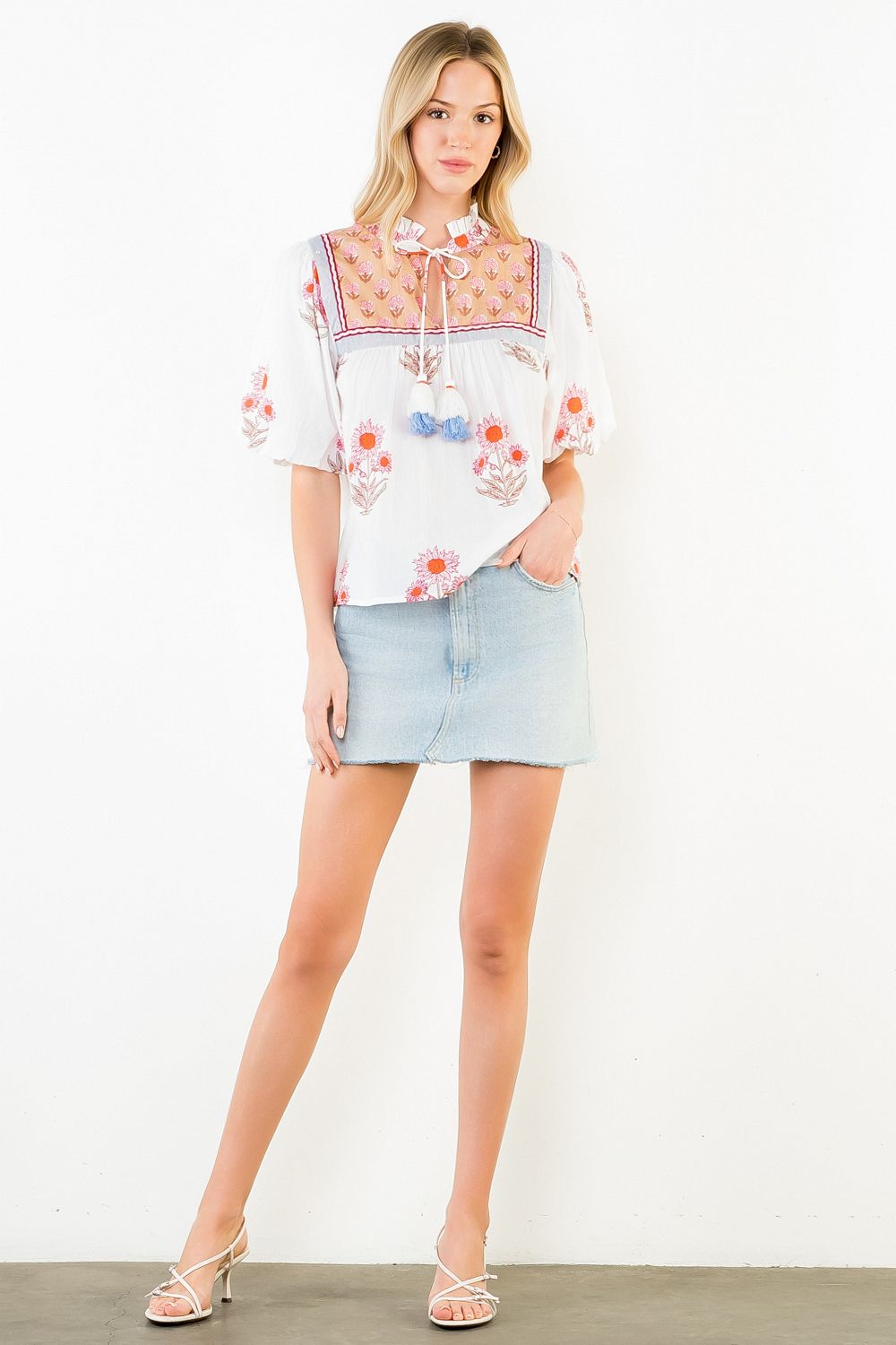 Puff Sleeve Floral Pattern Tassel Top, Cream