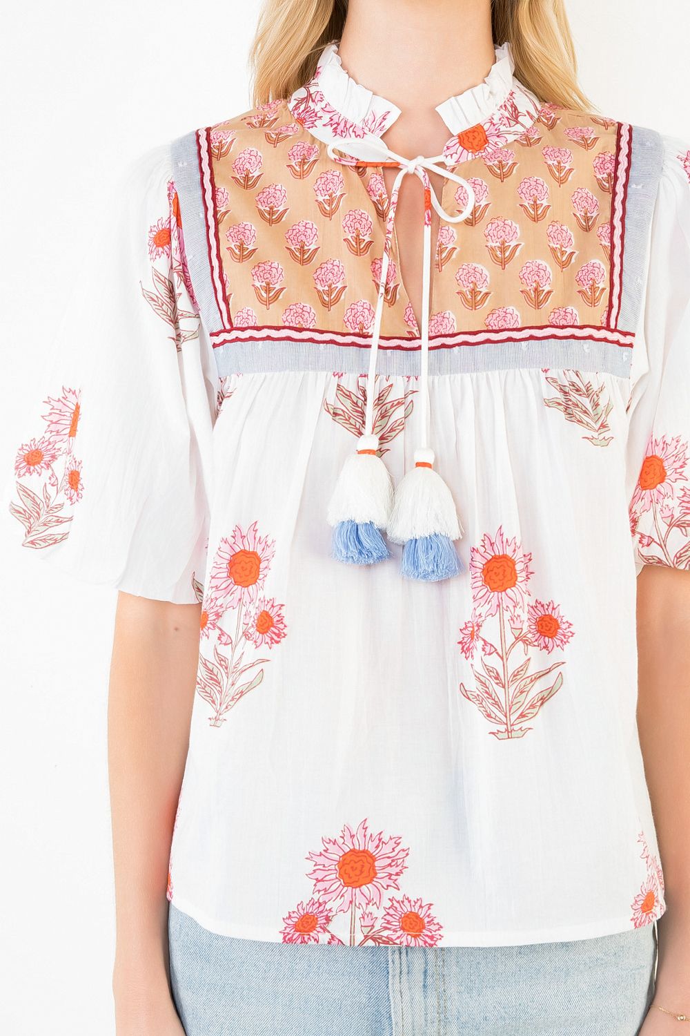 Puff Sleeve Floral Pattern Tassel Top, Cream