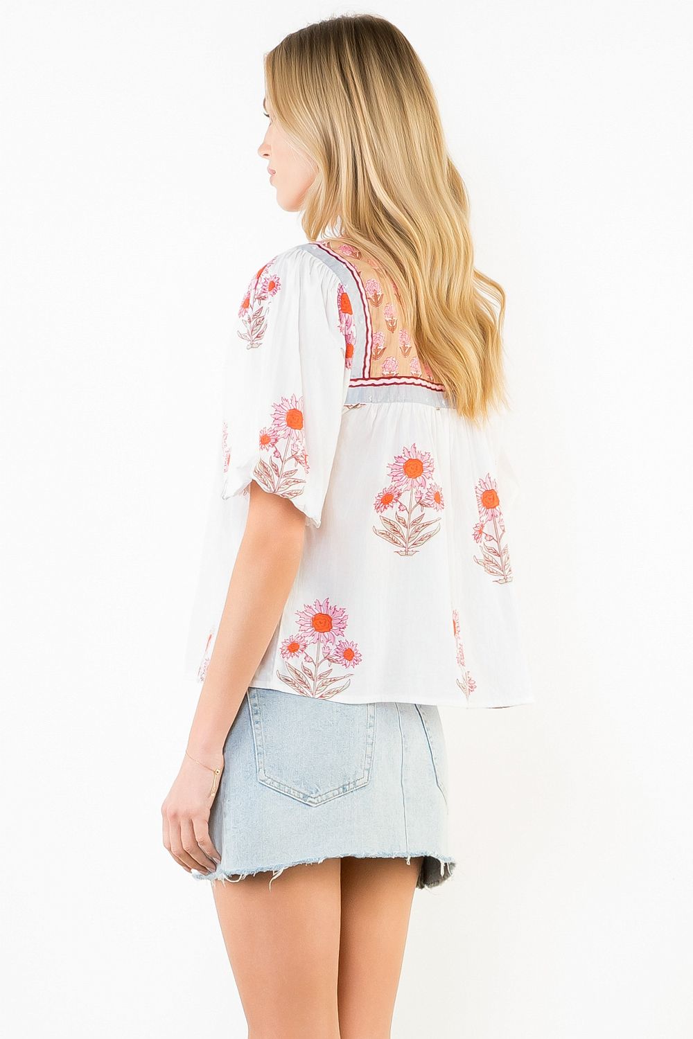 Puff Sleeve Floral Pattern Tassel Top, Cream