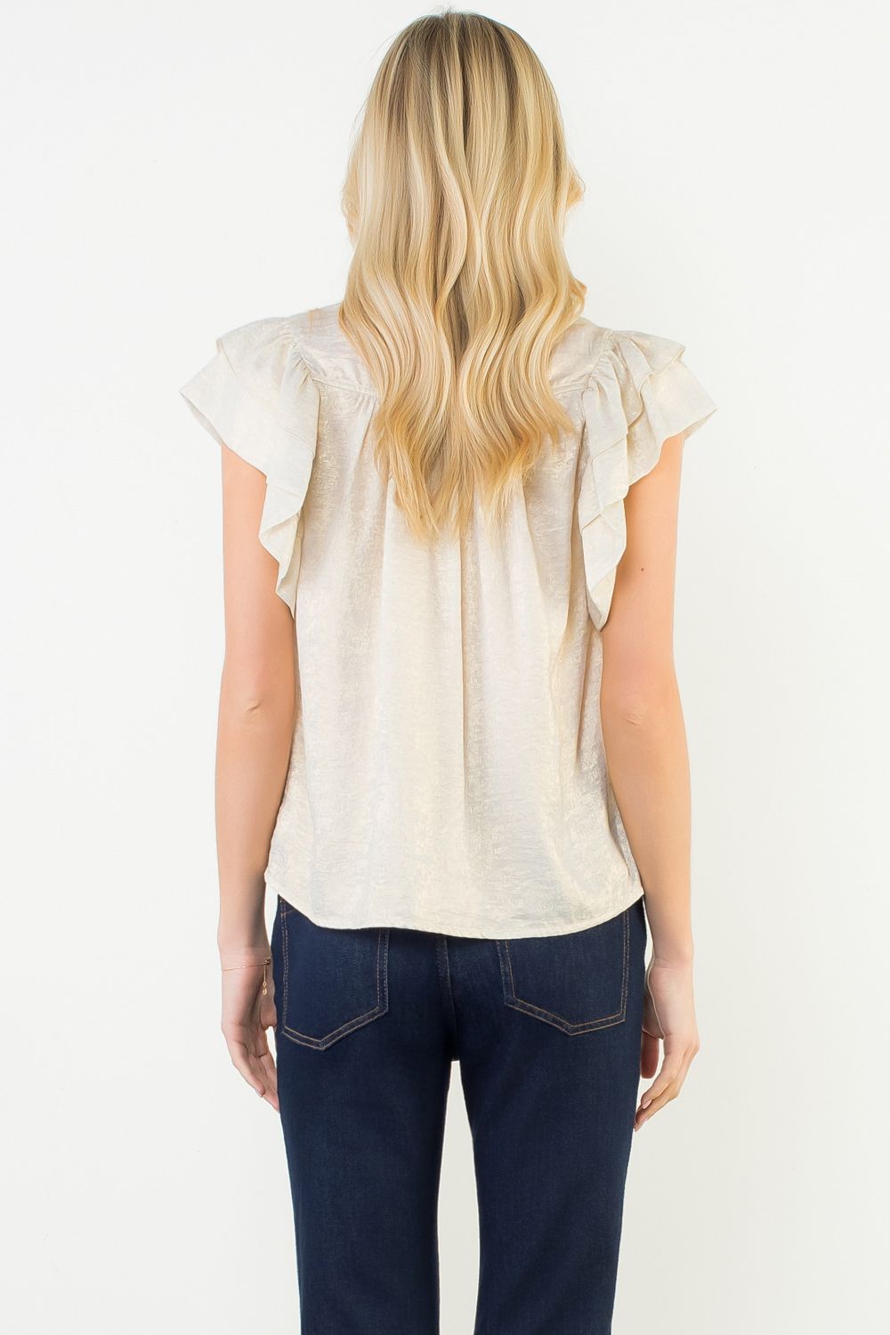 Flutter Sleeve Shimmery V-Neck Top Gold