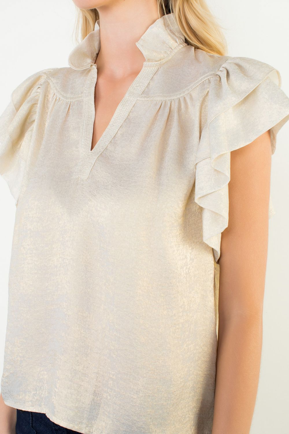 Flutter Sleeve Shimmery V-Neck Top Gold