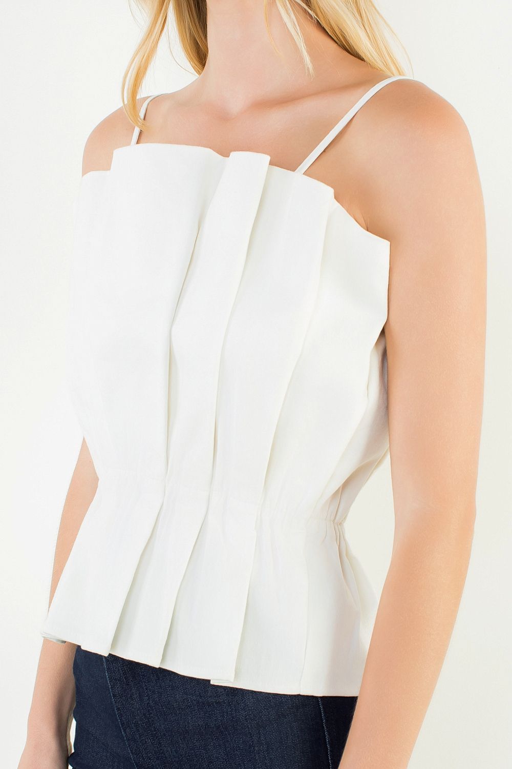 Thin Strap Pleated Top, White