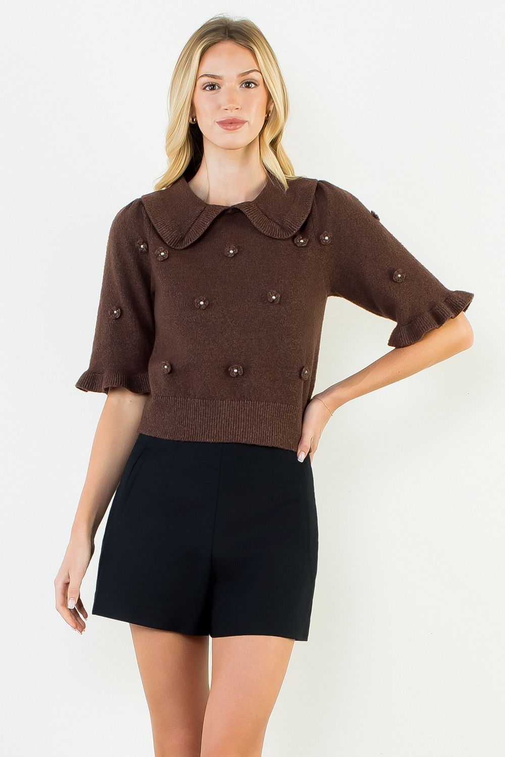 Collared Floral Embroidery Button Up Sweater, Brown