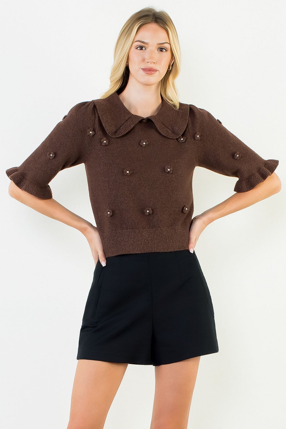 Collared Floral Embroidery Button Up Sweater, Brown