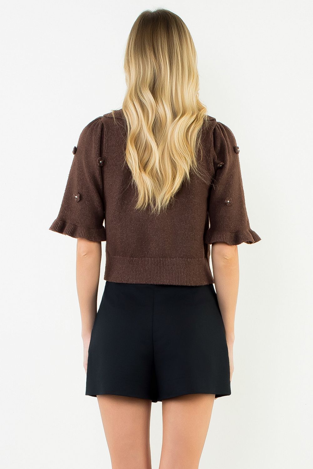 Collared Floral Embroidery Button Up Sweater, Brown