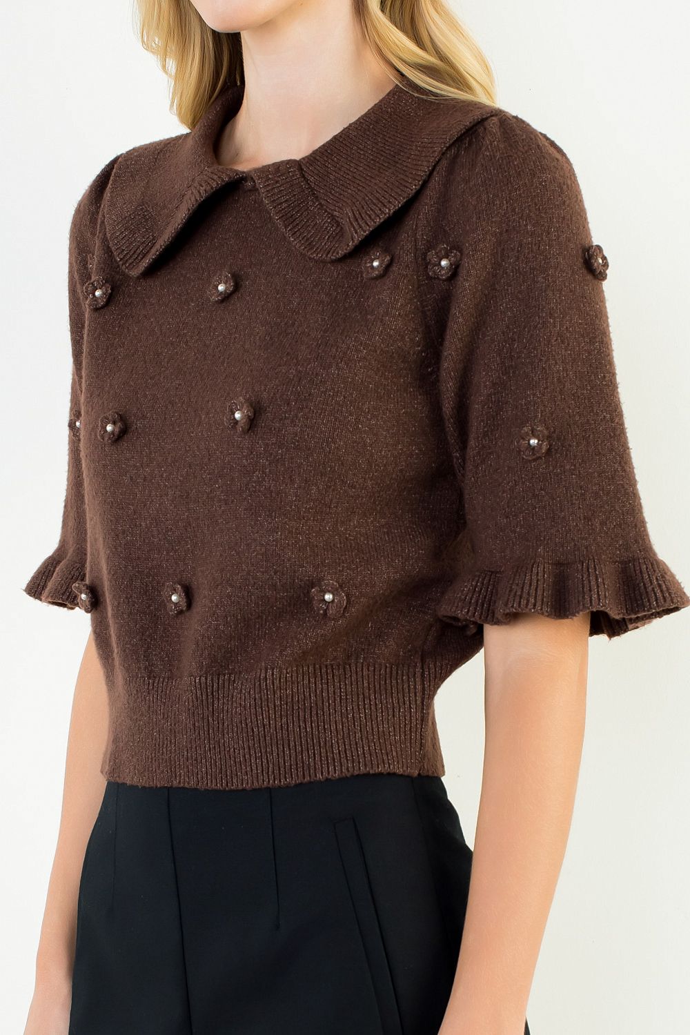 Collared Floral Embroidery Button Up Sweater, Brown