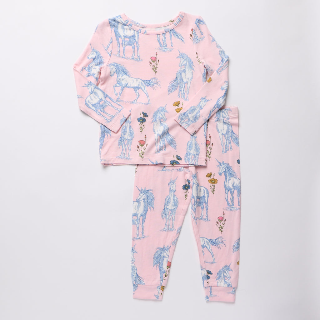 Kids Bamboo PJ Set Pink Unicorn Fields