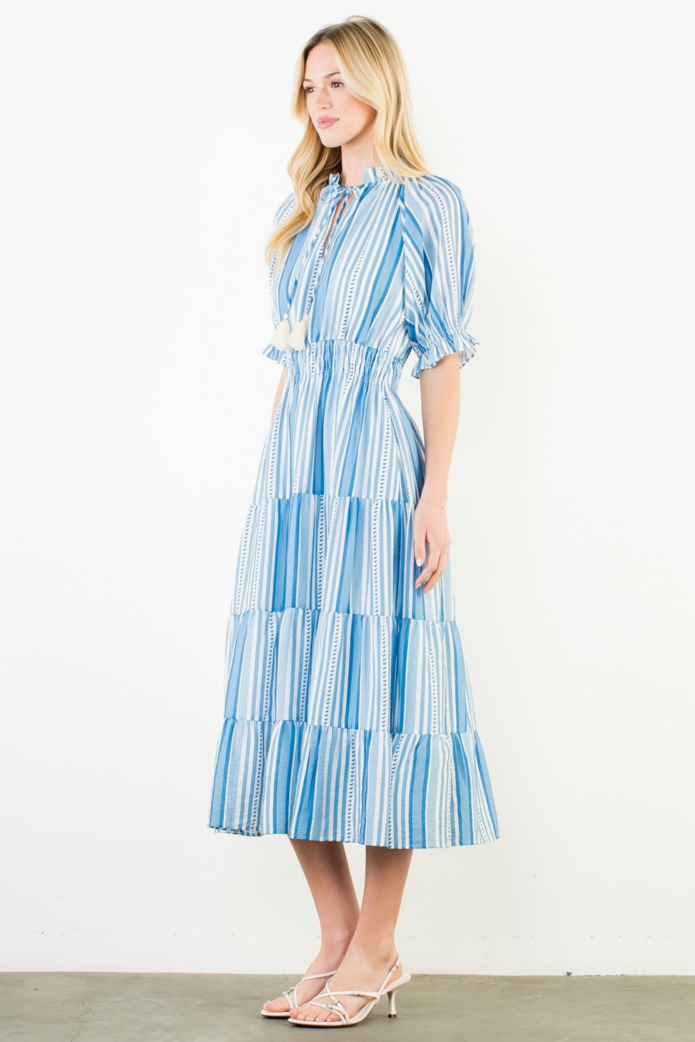 Puff Sleeve Striped Midi Dress, Blue
