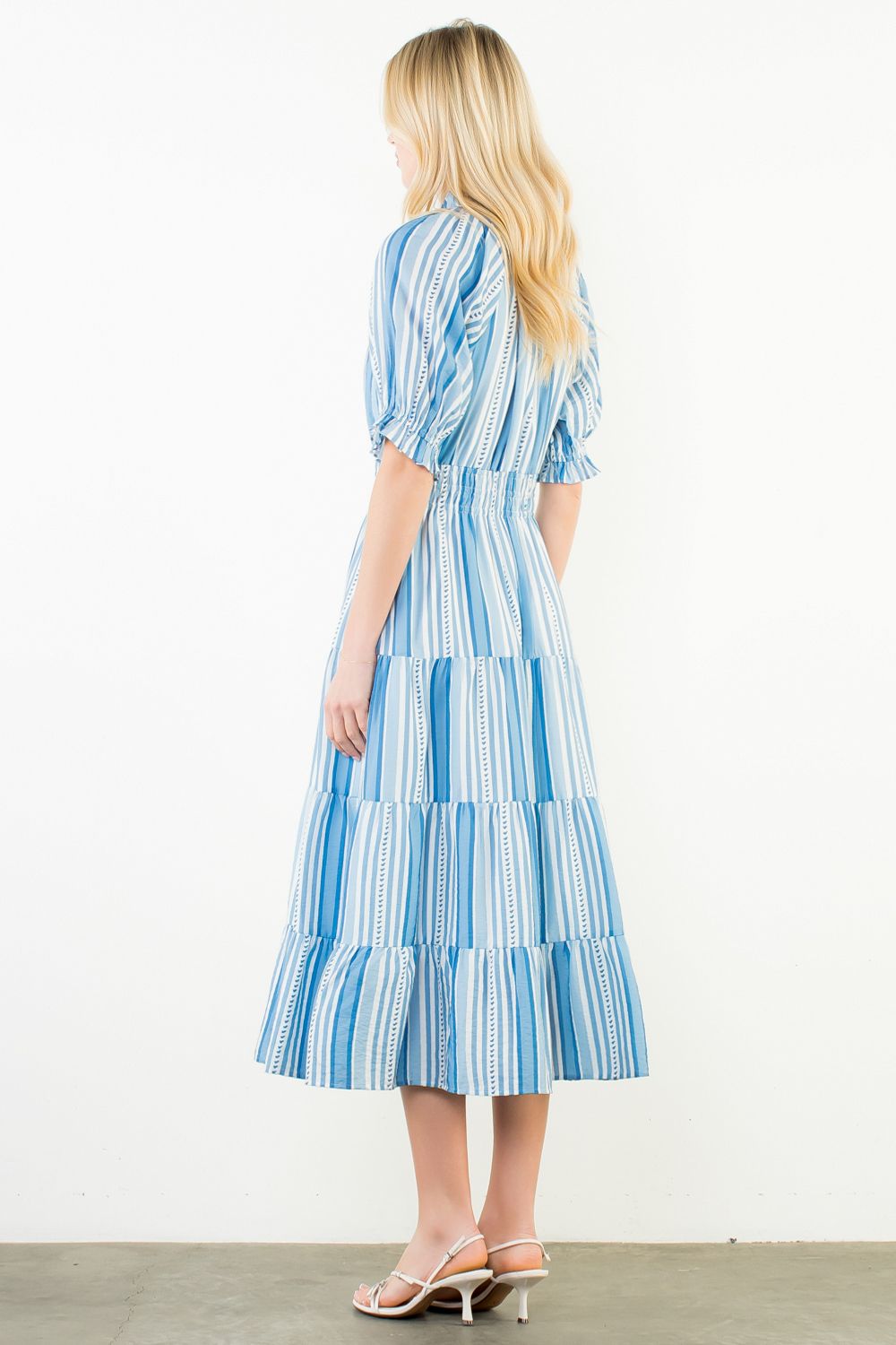 Puff Sleeve Striped Midi Dress, Blue