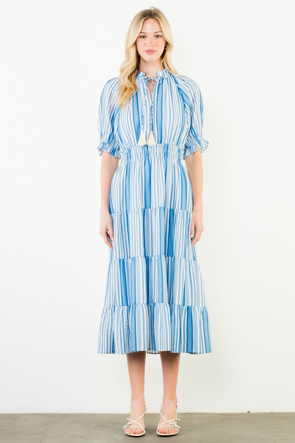 Puff Sleeve Striped Midi Dress, Blue