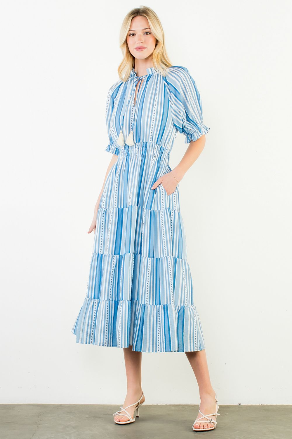 Puff Sleeve Striped Midi Dress, Blue