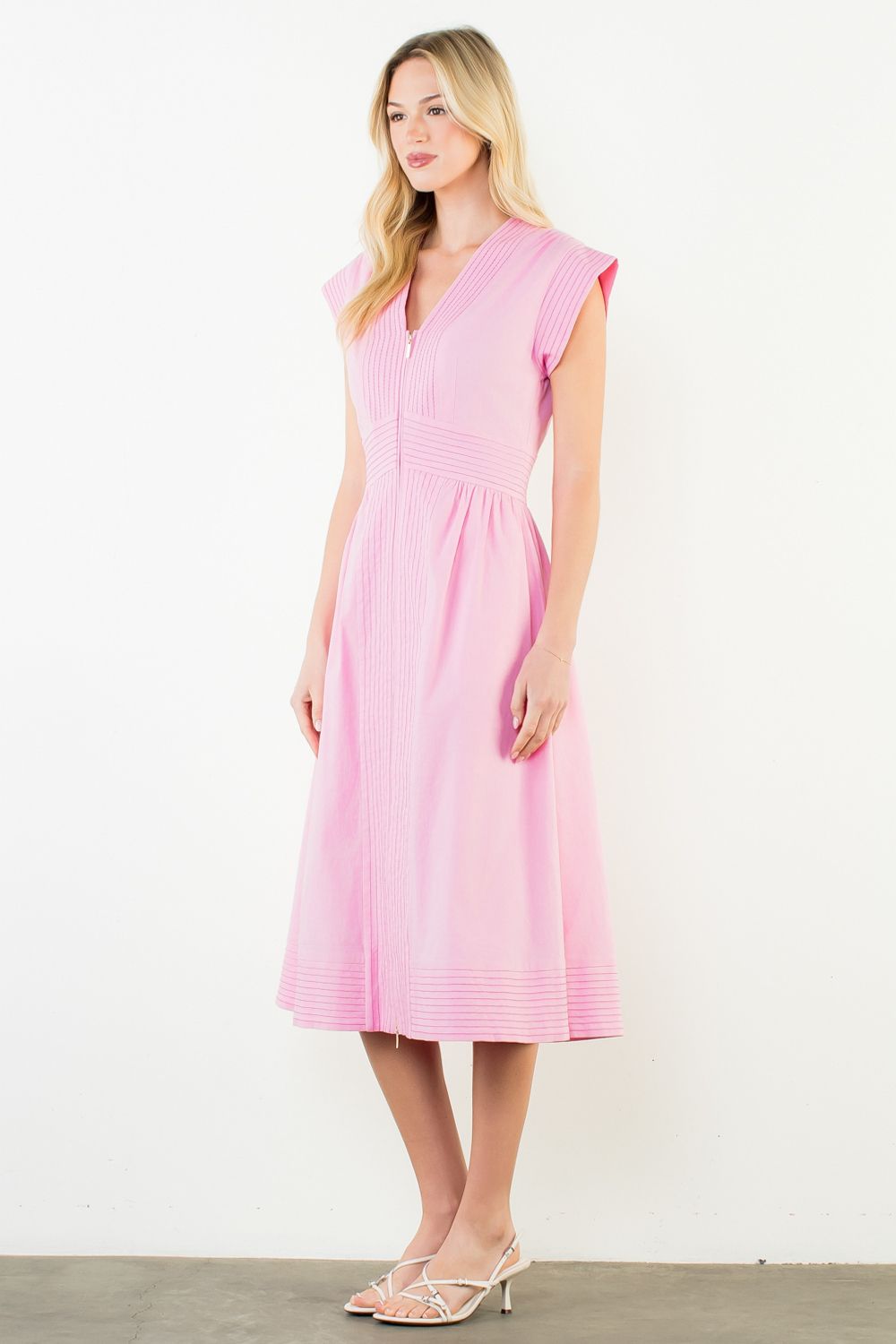Pintuck Zip Front Midi Dress, Pink
