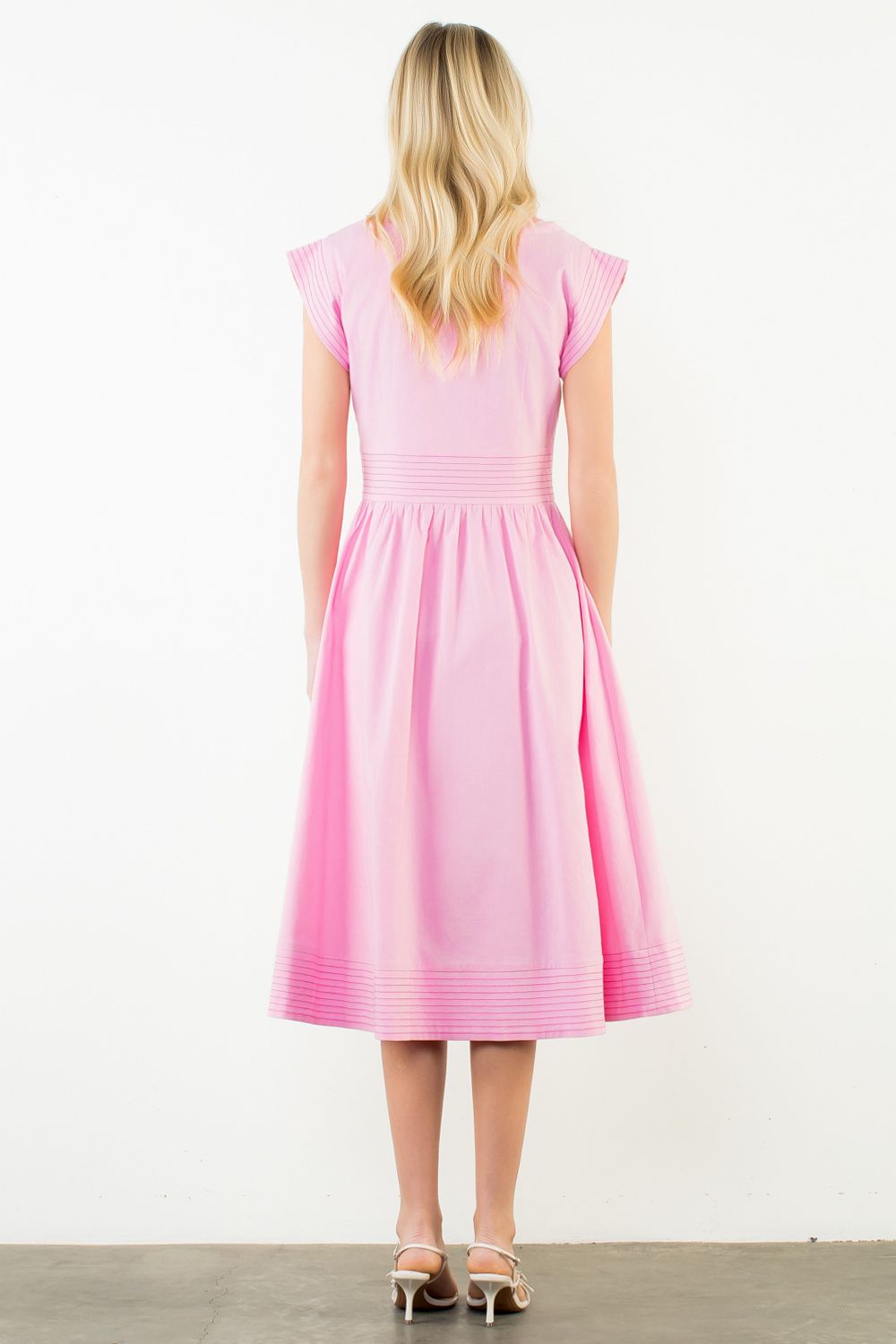 Pintuck Zip Front Midi Dress, Pink