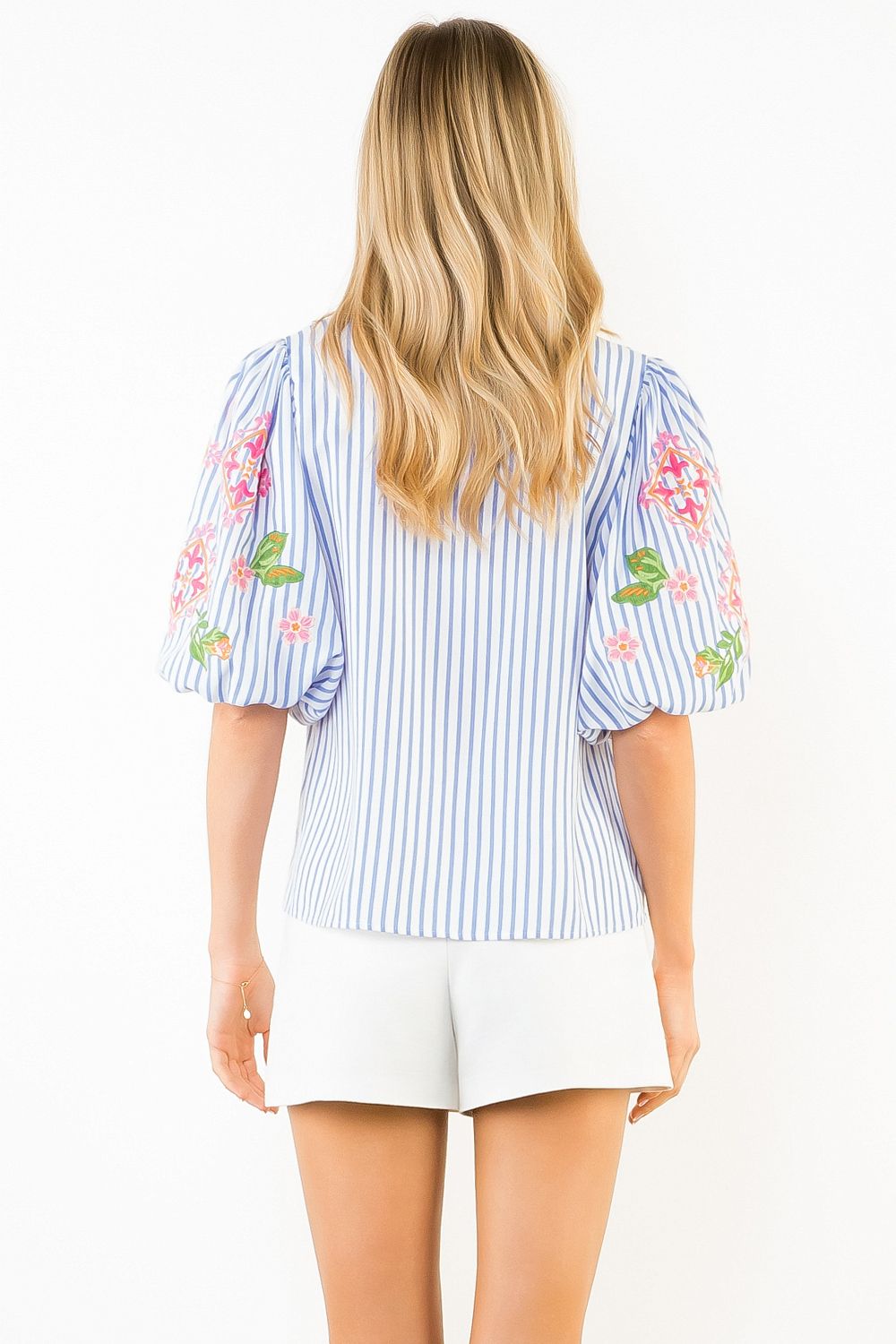 Puff Sleeve Embroidered Stripe Top, Blue