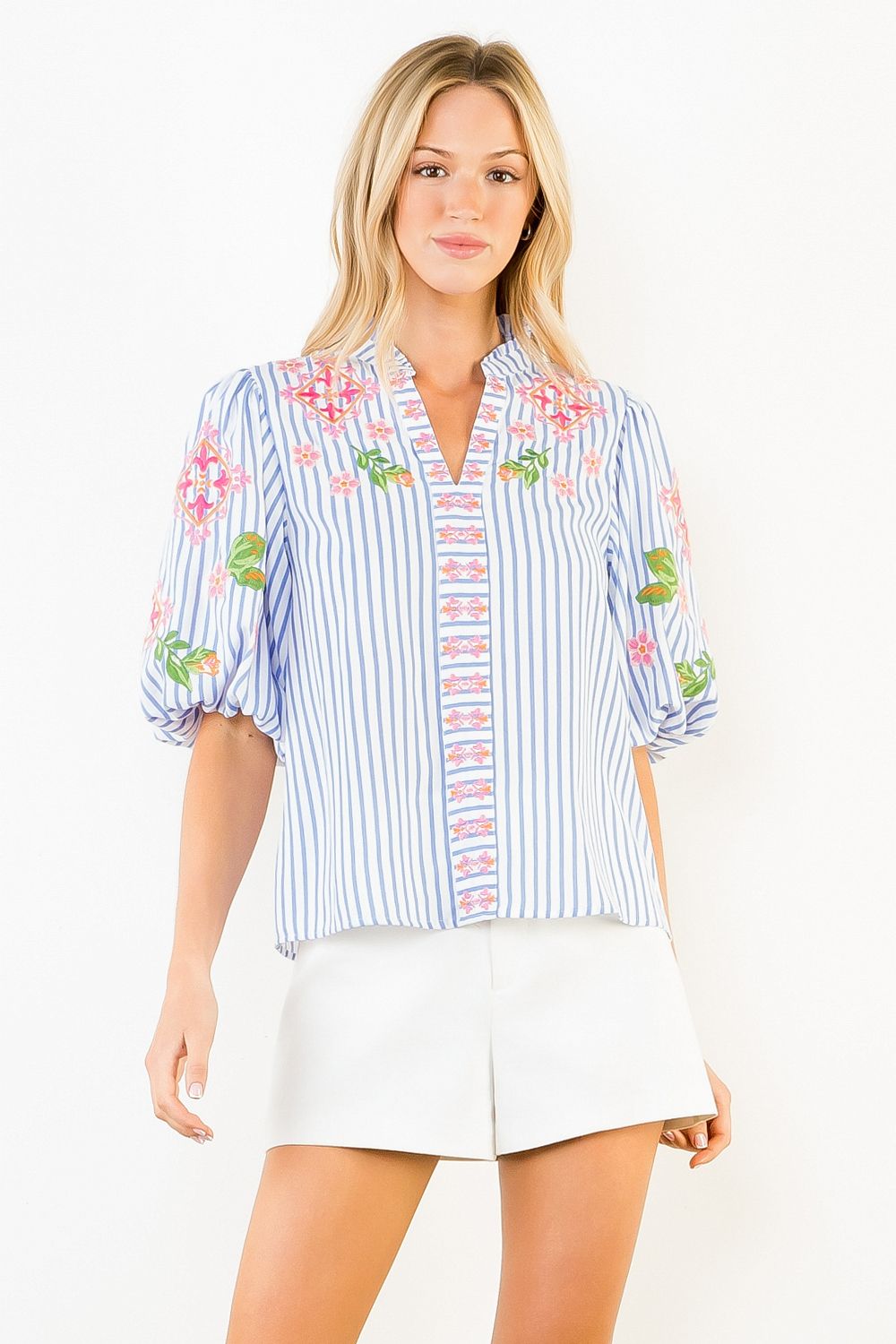 Puff Sleeve Embroidered Stripe Top, Blue